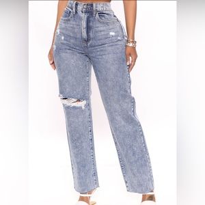 Distressed Straight Leg Jeans- Medium Blue Wash